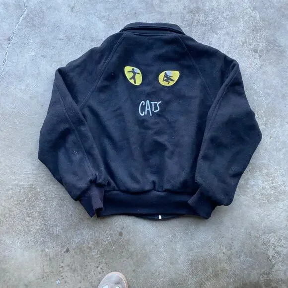 VINTAGE CHAINSTITCHED WOOL BLACK JACKET USA LARGE 80S 90S CATS GARY MUSICAL